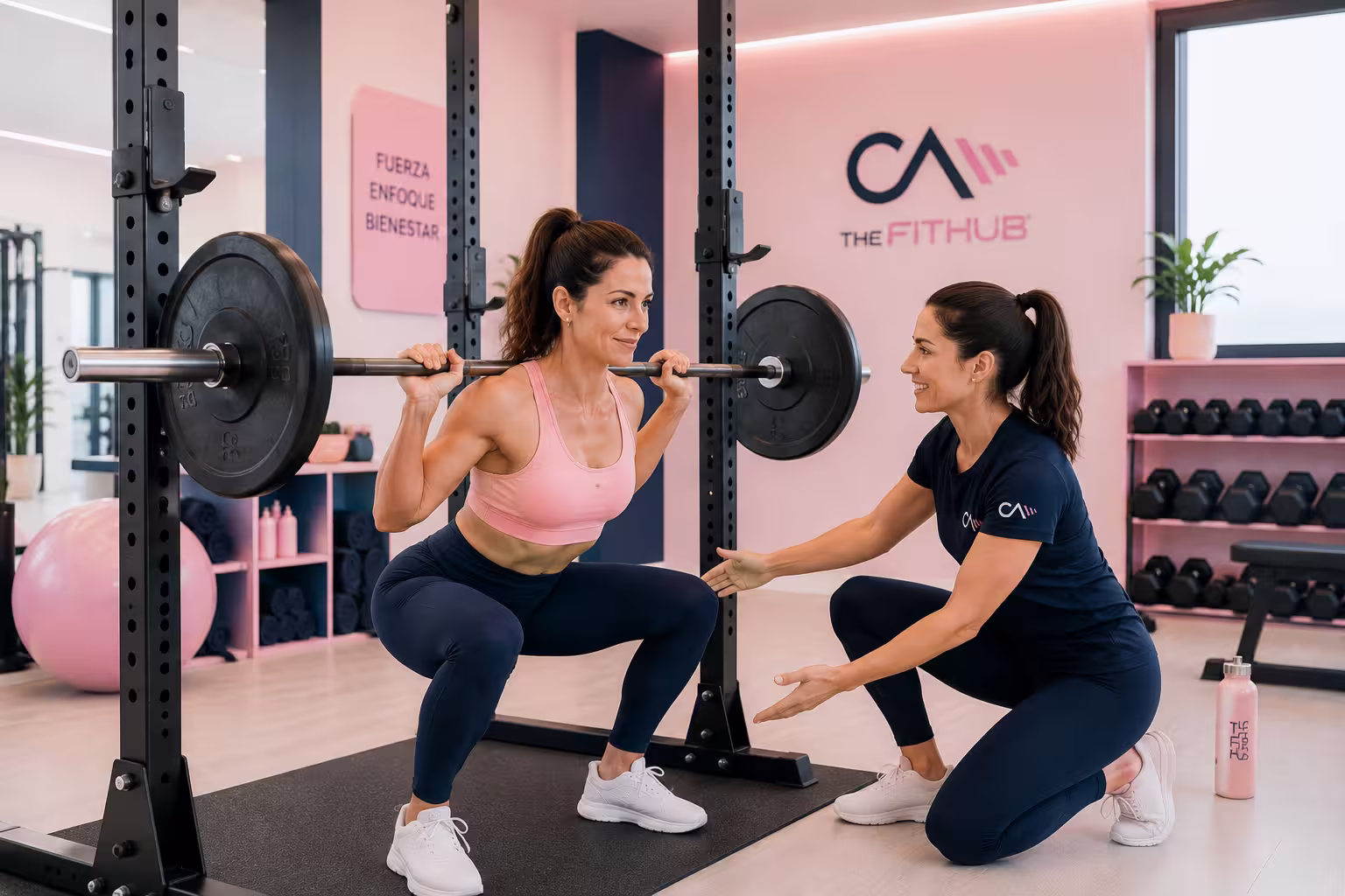 Mujer realizando sentadilla con barra supervisada por entrenadora en centro femenino Barcelona